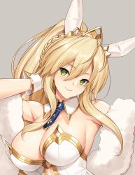 Rule 34 | 1girl, ahoge, animal ears, artoria pendragon (all), artoria pendragon (fate), artoria pendragon (swimsuit ruler) (fate), bare shoulders, blonde hair, blue necktie, braid, breasts, cleavage, commentary request, commission, detached collar, fake animal ears, fate/grand order, fate (series), french braid, fur trim, green eyes, high ponytail, jewelry, large breasts, leotard, lips, looking at viewer, necktie, playboy bunny, ponytail, rabbit ears, short necktie, smile, solo, tiara, tony guisado, white leotard