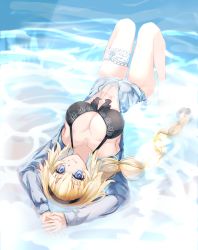 Rule 34 | 1girl, absurdres, arms up, bare legs, bikini, black bikini, black hairband, blonde hair, blue eyes, blue jacket, breasts, cleavage, fate/grand order, fate (series), hairband, highres, jacket, jeanne d&#039;arc (fate), jeanne d&#039;arc (swimsuit archer) (first ascension) (fate), large breasts, long braid, long hair, long sleeves, lying, official alternate costume, on back, solo, stomach, swimsuit, thigh strap, thighs, very long hair, wakuro (unkitune), water