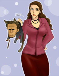 Rule 34 | 1girl, bad id, bad pixiv id, beard, breasts, brown hair, cane, cleavage, facial hair, green eyes, gregory house, house m.d., jewelry, lipstick, lisa cuddy, makeup, necklace, red lips, thick lips