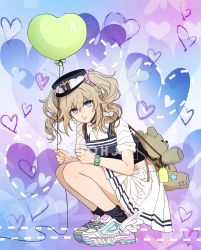 Rule 34 | 1girl, absurdres, balloon, barbara (genshin impact), blonde hair, blue eyes, closed mouth, dress, earrings, full body, genshin impact, hat, heart, highres, jewelry, long hair, looking at viewer, sailor collar, sailor dress, shoes, shohje, short sleeves, smile, sneakers, solo, squatting, star (symbol), twintails, wavy hair, white background