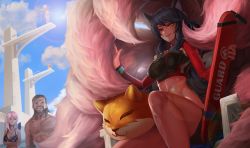 Rule 34 | 1boy, 3girls, ahri (league of legends), alternate costume, alternate hairstyle, animal ears, ashe (league of legends), beard, bike shorts, black hair, blurry, breasts, crop top, crossed arms, day, depth of field, facial hair, facial mark, fox ears, fox tail, from below, goomrrat, jealous, large breasts, league of legends, lips, long hair, looking at another, looking at viewer, midriff, mouse (animal), multiple girls, multiple tails, muscular, open mouth, outdoors, outstretched arms, pool, riven (league of legends), silver hair, sitting, slit pupils, tail, teemo, toned, tryndamere, whisker markings, yellow eyes