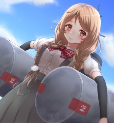 Rule 34 | 1girl, black legwear, blue sky, blush, bow, bowtie, braid, breasts, closed mouth, cloud, day, drum (container), highres, kantai collection, light brown hair, long hair, looking at viewer, medium breasts, minegumo (kancolle), nuka (nvkka), plaid, plaid bow, plaid bowtie, plaid neckwear, pleated skirt, red bow, red bowtie, red eyes, school uniform, shirt, short sleeves, skirt, sky, smile, solo, suspenders, twin braids, white shirt
