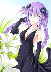 Rule 34 | 10s, 1girl, bare shoulders, black dress, black gloves, blue eyes, blush, braid, breasts, cleavage, dress, elbow gloves, flower, gloves, hair ornament, lily (flower), long hair, looking at viewer, muwa12, neptune (neptunia), neptune (series), purple hair, purple heart (neptunia), purple heart (goddesses&#039; promise), smile, solo, symbol-shaped pupils, twin braids