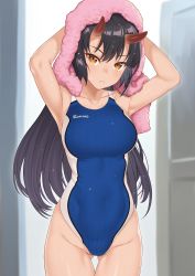 Rule 34 | 1girl, :&lt;, absurdres, armpits, arms up, bare arms, bare shoulders, black hair, blue one-piece swimsuit, breasts, closed mouth, collarbone, competition swimsuit, covered navel, cowboy shot, gluteal fold, groin, highres, horns, large breasts, long hair, looking at viewer, one-piece swimsuit, oni horns, orange eyes, origamine ouka, original, solo, standing, swimsuit, takunomi, thigh gap, thighs, towel, towel on head, wet