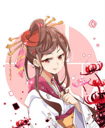 Rule 34 | 10s, 1girl, bad id, bad pixiv id, brown background, brown hair, closed mouth, commentary, fingernails, flower, hair ornament, highres, japanese clothes, kimono, layered clothes, layered kimono, long hair, long sleeves, looking at viewer, mitu yang, nail polish, obi, paw print, print kimono, red eyes, red flower, red kimono, red nails, ruffling hair, sash, sidelocks, smile, solo, symbol-only commentary, two-tone background, upper body, white background, white kimono, wide sleeves, yuugiri (zombie land saga), zombie land saga