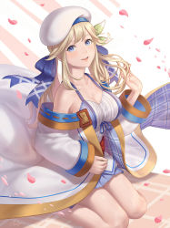 Rule 34 | 1girl, :d, bare shoulders, beret, blonde hair, blue eyes, blue ribbon, blue skirt, breasts, cherry blossoms, cleavage, collarbone, commentary, cucouroux (granblue fantasy), floating hair, granblue fantasy, green ribbon, hair ribbon, hand up, hat, head tilt, jacket, large breasts, long hair, long sleeves, looking at viewer, miniskirt, nhaliz, off shoulder, open clothes, open jacket, open mouth, pleated skirt, ribbon, shirt, sidelocks, signature, sitting, skirt, smile, solo, tank top, twintails, wariza, white background, white hat, white jacket, white shirt, wide sleeves, wind