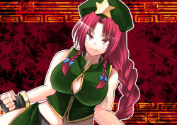 Rule 34 | 1girl, braid, breasts, china dress, chinese clothes, cleavage, clenched hand, dress, female focus, hane (hanegoya), hong meiling, large breasts, long hair, midriff, red eyes, red hair, solo, embodiment of scarlet devil, touhou, twin braids