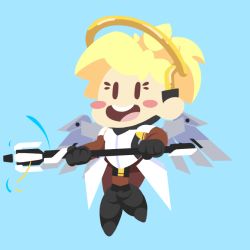 Rule 34 | 1girl, :d, animated, animated gif, blinking, blonde hair, blue background, blush, blush stickers, chibi, commentary, disembodied blush, eyelashes, halo, high ponytail, holding, holding weapon, knees together feet apart, long hair, looking at viewer, looping animation, mechanical halo, mechanical wings, mercy (overwatch), open mouth, overwatch, overwatch 1, pantyhose, round teeth, simple background, smile, solid circle eyes, solo, staff, teeth, thecommaspace, tongue, weapon, wings, | |