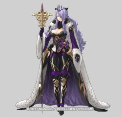 Rule 34 | 1girl, armored boots, boots, breasts, camilla (fire emblem), cape, cleavage, copyright name, curly hair, fire emblem, fire emblem fates, fire emblem heroes, full body, fur trim, gloves, grey background, hair over one eye, kozaki yuusuke, large breasts, long hair, nintendo, official art, red eyes, solo, staff, tiara