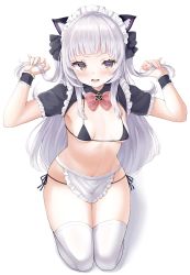Rule 34 | 1girl, absurdres, adapted costume, alternate costume, animal ear fluff, animal ears, apron, bikini, black bikini, black ribbon, blunt bangs, blush, bow, bowtie, breasts, cat ears, commentary, embarrassed, enmaided, frilled sleeves, frills, full body, hair ribbon, highres, holding, holding hair, hololive, kemonomimi mode, long hair, looking at viewer, maid, maid apron, maid headdress, micro bikini, multicolored eyes, murasaki shion, navel, nekohuman221 (tsun221), open mouth, pink bow, pink bowtie, purple eyes, ribbon, seiza, short sleeves, shrug (clothing), side-tie bikini bottom, silver hair, simple background, sitting, small breasts, solo, stomach, straight hair, string bikini, sweatdrop, swimsuit, thighhighs, thighs, two side up, virtual youtuber, white background, white thighhighs, wrist cuffs, yellow eyes