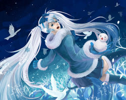 Rule 34 | 1girl, bird, blue eyes, blue hair, hatsune miku, long hair, matching hair/eyes, open mouth, skirt, snowflakes, solo, star (sky), thighhighs, twintails, very long hair, vocaloid, yuki miku, yupi, yupi (yupi), zettai ryouiki