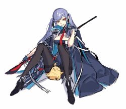 Rule 34 | 1girl, ahoge, azur lane, black footwear, black ribbon, blue coat, blue gloves, blue hair, blush, blush stickers, coat, coat on shoulders, essex (azur lane), eyelashes, fingerless gloves, gloves, hair ribbon, highres, hoe-l, holding, holding polearm, holding weapon, light blue hair, long eyelashes, long hair, necktie, orange eyes, pantyhose, parted lips, polearm, red necktie, ribbon, simple background, sitting, sketch, smile, solo, striped clothes, striped footwear, stuffed animal, stuffed toy, twintails, weapon, white background, zipper, zipper pull tab