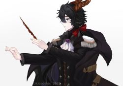 Rule 34 | 1boy, arknights, ascot, conductor baton, black hair, black jacket, blue sealad, bow, brooch, commentary, ebenholz (arknights), epaulettes, gradient background, grey background, grey eyes, hair bow, highres, holding, horns, jacket, jewelry, long hair, male focus, red bow, solo, upper body, white ascot, white background