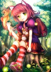 Rule 34 | 1girl, animal ears, annie (league of legends), backpack, bag, cat ears, fireflies, fire, forest, green eyes, highres, league of legends, looking at viewer, nature, puffy short sleeves, puffy sleeves, randoseru, red hair, shirt, short sleeves, sitting, sitting on object, skirt, solo, stuffed animal, stuffed toy, teddy bear, tibbers, tree stump, umagenzin