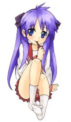 Rule 34 | 00s, 1girl, arm support, blue eyes, blush, food, hiiragi kagami, long hair, looking at viewer, lucky star, no shoes, pleated skirt, pocky, purple hair, school uniform, serafuku, simple background, sitting, skirt, smile, socks, solo, twintails, white background, white socks