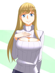 Rule 34 | 1girl, blonde hair, blue eyes, blush, breasts, cleavage, cleavage cutout, clothing cutout, hand on own chest, kadan (ad1999), long hair, looking at viewer, medium breasts, meme attire, open-chest sweater, original, ribbed sweater, smile, solo, standing, sweater, turtleneck, upper body