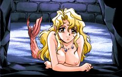 Rule 34 | 1girl, 4bpp, arm support, blonde hair, breasts, game cg, jewelry, long hair, looking at viewer, lowres, mermaid, monster girl, mugen yasoukyoku, necklace, nipples, partially submerged, smile, solo, topless, water, wavy hair, well, yellow eyes