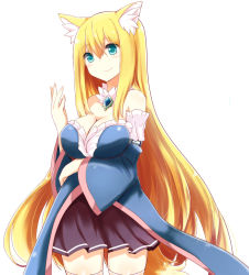 Rule 34 | 1girl, animal ear fluff, animal ears, aoi (naomi), bare shoulders, blonde hair, blue eyes, blush, breasts, cleavage, detached sleeves, fox ears, fox tail, hutaba aoi, large breasts, long hair, nanashin naomi, original, pleated skirt, skirt, smile, solo, tail, thighhighs, very long hair, white background
