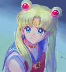 Rule 34 | 1girl, bishoujo senshi sailor moon, blonde hair, blue eyes, blue sailor collar, bow, brooch, choker, commentary request, double bun, earrings, eyelashes, from side, hair bun, heart, heart brooch, jewelry, long hair, looking to the side, meme, mitama (mokochiko), parted bangs, parted lips, red bow, red choker, sailor collar, sailor moon, sailor moon redraw challenge (meme), shirt, solo, twintails, white shirt