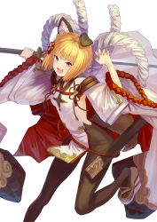 Rule 34 | 1girl, :d, animal ears, arm up, bare shoulders, blonde hair, brown pantyhose, commentary request, dog ears, dog girl, dog tail, erune, granblue fantasy, hand up, holding, holding sword, holding weapon, katana, long sleeves, open mouth, pantyhose, pelvic curtain, platform footwear, red eyes, rope, shimenawa, short hair, simple background, smile, solo, standing, standing on one leg, sword, tail, vajra (granblue fantasy), wasabi60, weapon, white background, wide sleeves