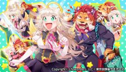 Rule 34 | + +, 1boy, 1girl, ?, angel, animal ears, bag, blue background, blush, bow, check commentary, clothes, clothes hanger, collared shirt, commentary request, fangs, fangs out, frilled gloves, frills, furry, furry male, gabriel (housamo), gloves, gradient background, gradient hair, green background, green eyes, halo, heart, large pectorals, long hair, looking at another, multicolored hair, multiple views, muscular, muscular male, nomad (housamo), official art, open mouth, pectorals, polka dot, polka dot background, red eyes, red hair, red scarf, ribbon, scarf, shirt, shopping bag, short hair, silver hair, smile, sparkle, star (symbol), sumi wo hakuneko, sweatdrop, tail, tiger boy, tiger ears, tiger stripes, tiger tail, tokyo houkago summoners, whiskers, yawning