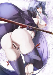 Rule 34 | 1girl, anus, ass, bad id, bad pixiv id, bare shoulders, black thighhighs, blue hair, breasts, censored, fang, feet, female pubic hair, gradient background, large breasts, looking back, nipples, open mouth, pubic hair, pussy, red eyes, saitou douzan (sengoku bushouki muramasa), sengoku bushouki muramasa, smile, solo, staff, thighhighs, toeless legwear, toes, yohane
