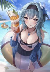 Rule 34 | 4girls, :d, aqua hair, beach, bikini, bikini top only, black hairband, black skirt, blue sky, blush, breasts, cleavage, cup, drink, eula (genshin impact), flower, food, frilled bikini, frills, genshin impact, glass, hair flower, hair ornament, hairband, hand up, highres, holding, holding cup, holding food, holding ice cream, ice cream, innertube, jewelry, large breasts, leaning forward, looking at viewer, medium hair, multiple girls, necklace, ocean, off shoulder, open mouth, outdoors, rubber duck, sidelocks, skirt, sky, smile, solo focus, standing, starfish, sukuemon, swim ring, swimsuit, wet, yellow eyes