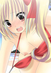 Rule 34 | 1girl, beach, bikini, bikini pull, blonde hair, blush, breasts, clothes pull, embodiment of scarlet devil, female focus, flandre scarlet, hair ribbon, highres, jpeg artifacts, nipples, open mouth, outdoors, pulling another&#039;s clothes, red bikini, red eyes, ribbon, side ponytail, small breasts, solo, suzuki nene, swimsuit, touhou, wardrobe malfunction, water