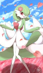 Rule 34 | cloud, commentary request, creatures (company), day, flower, game freak, gardevoir, gen 3 pokemon, highres, holding, looking at viewer, nintendo, open mouth, outdoors, petals, pink flower, pokemon, pokemon (creature), red eyes, shabana may, signature, sky, smile, solo, standing, tongue