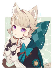 Rule 34 | 1girl, absurdres, aiwo o lite, animal ears, aqua bow, black capelet, border, bow, breasts, capelet, cat ears, cleavage, collared shirt, commentary, facial tattoo, food, food in mouth, genshin impact, hair bow, highres, holding, holding food, huge bow, light brown hair, long hair, long sleeves, looking at viewer, lynette (genshin impact), parted lips, purple eyes, shirt, small breasts, solo, star tattoo, tattoo, upper body, white border, white shirt