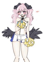 Rule 34 | 1girl, blue archive, blush, feathered wings, head wings, highres, koharu (blue archive), lilrosieroe, looking at viewer, open mouth, pink eyes, pink hair, simple background, solo, twintails, white background, wings