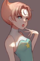 Rule 34 | 1girl, brown hair, finger to mouth, forehead jewel, highres, ikram, looking at viewer, open mouth, pale skin, pearl (steven universe), sleeveless, solo, star (symbol), steven universe, upper body