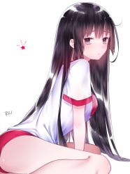 Rule 34 | 1girl, arched back, artist name, bad id, bad pixiv id, between legs, black hair, blush, buruma, closed mouth, from side, grey eyes, gym uniform, hand between legs, highres, ichinosenen, long hair, looking at viewer, original, short sleeves, sidelocks, signature, simple background, solo, thighs, tsurime, very long hair, white background