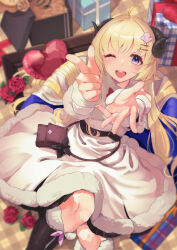 Rule 34 | 1girl, ;d, ahoge, animal ears, beckoning, belt pouch, black footwear, blonde hair, boots, bow, bowtie, cape, detached sleeves, dress, empire waist, fur-trimmed boots, fur-trimmed dress, fur-trimmed sleeves, fur trim, hair ornament, hairclip, highres, hololive, horns, knee up, long hair, looking at viewer, mochiyuki (gigfor1), one eye closed, open mouth, pointing, pointing at viewer, pouch, purple eyes, reaching, reaching towards viewer, red bow, red bowtie, sheep ears, sheep girl, sheep horns, sleeveless, sleeveless dress, smile, solo, tsunomaki watame, tsunomaki watame (1st costume), underbust, very long hair, virtual youtuber, white cape, white dress