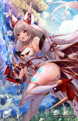 Rule 34 | 1girl, alternate form, animal ears, ass, bare shoulders, blush, boots, breasts, cat ears, chest jewel, core crystal (xenoblade), detached sleeves, from behind, gloves, grey hair, highres, kamaniki, leotard, long hair, looking at viewer, medium breasts, nia (blade) (xenoblade), nia (xenoblade), open mouth, smile, solo, sword, thigh boots, thighhighs, twintails, very long hair, weapon, xenoblade chronicles (series), xenoblade chronicles 2, yellow eyes