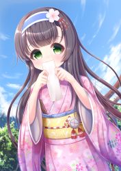 Rule 34 | 1girl, alternate costume, black hair, blue sky, bush, cherry blossoms, cloud, commentary request, covering own mouth, day, dutch angle, fisheye, floral print, flower, green eyes, hair flower, hair ornament, hairband, highres, japanese clothes, kantai collection, kimono, kyuupura, long hair, looking at viewer, matsuwa (kancolle), mount fuji, obi, omikuji, outdoors, pink kimono, print kimono, sash, sky, solo, torii, very long hair