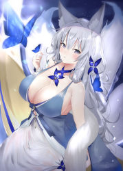 Rule 34 | 1girl, alternate costume, animal ear fluff, animal ears, azur lane, bare shoulders, blue butterfly, blue dress, blue neckwear, blush, breasts, bug, butterfly, butterfly on hand, cleavage, dress, feather boa, fox ears, grey hair, hair ornament, insect, large breasts, long hair, looking at viewer, multiple tails, parted lips, purple eyes, sapota clone, shinano (azur lane), shinano (dreams of the hazy moon) (azur lane), sideboob, sitting, sleeveless, sleeveless dress, solo, tail, very long hair, wrist cuffs
