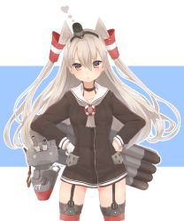 Rule 34 | 10s, 1girl, amatsukaze (kancolle), breasts, brown eyes, dress, garter straps, hands on own hips, heart, highres, kagerou (shadowmage), kantai collection, long hair, looking at viewer, personification, rensouhou-kun, sailor dress, school uniform, see-through, serafuku, short dress, silver hair, small breasts, striped clothes, striped thighhighs, thighhighs, twintails, two side up, zettai ryouiki