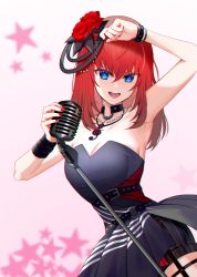 Rule 34 | 1girl, :d, animal ears, belt, blush, bracelet, breasts, cleavage, dress, hair ornament, highres, jewelry, long hair, microphone, nail polish, necklace, open mouth, original, red hair, red nails, sleeveless, sleeveless dress, smile, solo, teeth, xiujia yihuizi