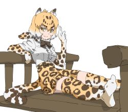 Rule 34 | 1girl, animal ears, animal print, arm rest, belt, blonde hair, bow, bowtie, brown hair, center frills, closed mouth, elbow gloves, eyebrows, feet out of frame, frills, fur scarf, gloves, hand up, high-waist skirt, highres, jaguar (kemono friends), jaguar ears, jaguar tail, kemono friends, leaning back, medium hair, miniskirt, multicolored hair, no shoes, outstretched legs, print gloves, print skirt, print thighhighs, scarf, shirt, short sleeves, simple background, sitting, skirt, smile, solo, tail, tanabe (fueisei), thighhighs, white background, white hair, white shirt, yellow eyes, zettai ryouiki