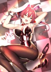 Rule 34 | akahito, alternate costume, animal ears, armpits, black footwear, black leotard, black pantyhose, bow, bowtie, breasts, card, checkered floor, commentary request, detached collar, fake animal ears, feet out of frame, fishnet pantyhose, fishnets, unworn footwear, heterochromia, high heels, highres, hololive, houshou marine, large breasts, leotard, looking at viewer, lying, medium hair, on back, open mouth, pantyhose, playboy bunny, playing card, rabbit ears, red bow, red bowtie, red eyes, red hair, sharp teeth, shiny clothes, shoes, unworn shoes, sidelocks, smile, solo, teeth, twintails, virtual youtuber, wrist cuffs, yellow eyes