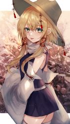 Rule 34 | 1girl, absurdres, bare shoulders, blonde hair, brown hat, commentary, cowboy shot, detached sleeves, floral background, flower knot, from side, furrowed brow, green eyes, hair over shoulder, hair ribbon, hat, highres, light blush, long hair, long sleeves, looking at viewer, looking to the side, maho moco, miniskirt, moriya suwako, purple skirt, purple vest, red ribbon, ribbon, sepia background, skirt, skirt set, sleeves past wrists, solo, tassel, thighhighs, tongue, tongue out, touhou, tress ribbon, turtleneck, vest, white sleeves, white thighhighs, wide sleeves, zettai ryouiki