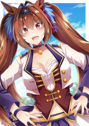 Rule 34 | 1girl, :d, animal ears, blue sky, blush, border, bow, breasts, brown hair, choker, cleavage, cloud, collarbone, commentary request, corset, daiwa scarlet (umamusume), day, dutch angle, fang, hair bow, hair intakes, hands on own hips, highres, horse ears, horse girl, jacket, large breasts, long hair, midriff, navel, open mouth, purple choker, red bow, red corset, red eyes, skirt, sky, smile, solo, starting future (umamusume), takatsuki arunashi, tiara, umamusume, upper body, very long hair, white border, white jacket, white skirt