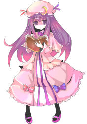 Rule 34 | 1girl, bad id, black pantyhose, book, capelet, crescent, female focus, full body, hat, hoshikuzu, long hair, mary janes, open book, pantyhose, patchouli knowledge, purple eyes, purple hair, reading, ribbon, robe, shoes, simple background, solo, standing, striped, touhou