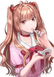 Rule 34 | 1girl, absurdres, ahoge, applying makeup, blush, brown hair, choker, collarbone, collared shirt, commentary, compact (cosmetics), cosmetics, food-themed hair ornament, hair ornament, heart, heart-shaped pupils, heart ahoge, highres, holding, holding compact, holding lipstick tube, lipstick, lipstick tube, looking at viewer, makeup, nail art, nail polish, nil (pixiv 53614557), original, pleated skirt, red eyes, shirt, short hair, skirt, solo, strawberry hair ornament, symbol-only commentary, symbol-shaped pupils, two side up