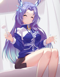 Rule 34 | 1girl, absurdres, amite-faust, animal ears, black shorts, blue hair, blue jacket, blush, closed eyes, closed mouth, commentary request, curtains, dolphin shorts, ear covers, ear ornament, facing viewer, feet out of frame, godolphin barb (umamusume), highres, horse ears, horse girl, horse tail, indoors, infirmary, jacket, long hair, long sleeves, mimikaki, on bed, shorts, sitting, smile, solo, tail, umamusume