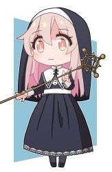 Rule 34 | 1girl, abstract background, alternate costume, black dress, black pantyhose, bright pupils, brown eyes, chibi, closed mouth, dress, expressionless, full body, grey hair, habit, holding, holding scepter, long dress, long hair, long sleeves, looking at viewer, madwhippedcream, nun, onii-chan wa oshimai!, oyama mahiro, pantyhose, scepter, simple background, solo, standing, traditional nun