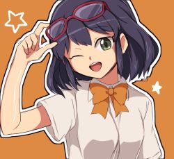Rule 34 | 1girl, ;d, bow, bowtie, collared shirt, eyewear on head, inazuma eleven (series), inazuma eleven go, looking at viewer, omikuji (fortunemagnolia), one eye closed, open mouth, orange background, otonashi haruna, outline, red-framed eyewear, shirt, short sleeves, simple background, smile, solo, star (symbol), upper body, white shirt, yellow bow, yellow bowtie