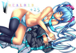 Rule 34 | 1girl, bad id, bad pixiv id, blue eyes, blue hair, detached sleeves, hatsune miku, keita (siruvia9), long hair, lying, matching hair/eyes, navel, necktie, panties, solo, striped clothes, striped panties, thighhighs, twintails, underwear, vocaloid
