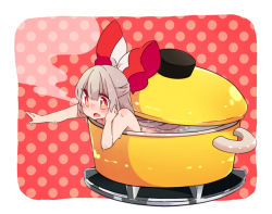 Rule 34 | 1girl, bad id, bad pixiv id, bathing, bow, cooking, fujiwara no mokou, hair bow, in container, long hair, mini person, minigirl, nude, pot, red eyes, ribbon, silver hair, solo, steam, touhou, wan mame, wet
